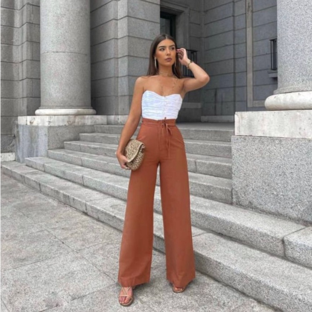 Bloggers Fave! Zara Full Length Linen Blend Pants Brown
